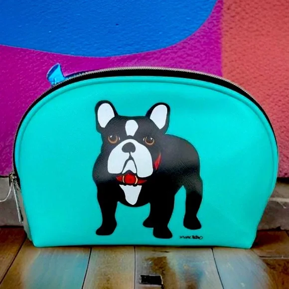 Marc Tetro NWT Aqua Teal Green French Bulldog Cosmetic Zippered Bag (P029) - Picture 1 of 7